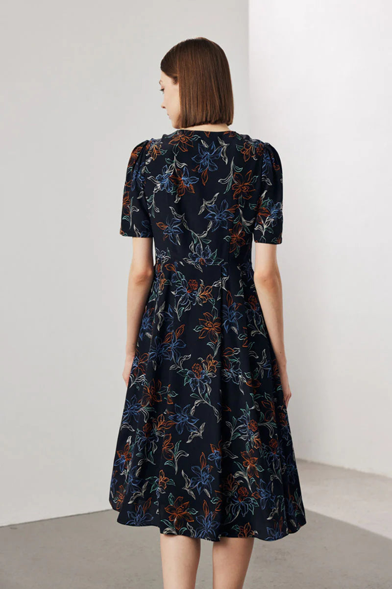 100 Mulberry Silk Floral A-Line Short-Sleeve V-Neck Midi Dress