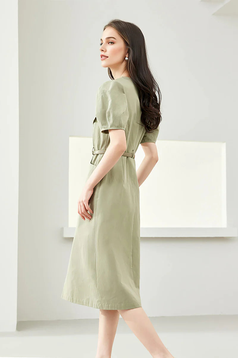 Sage Green Cargo Square-Neck Belted Midi Dress