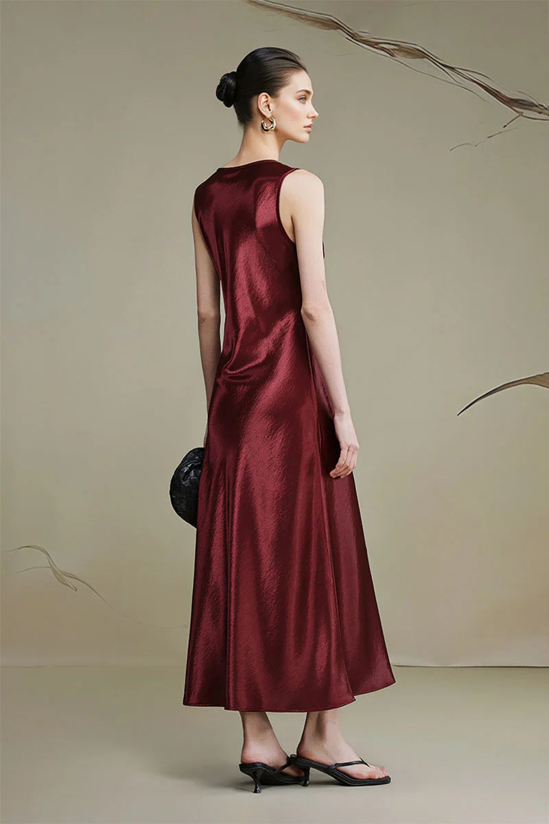 Satin Sleeveless Scoop-Neck Tank Midi Dress