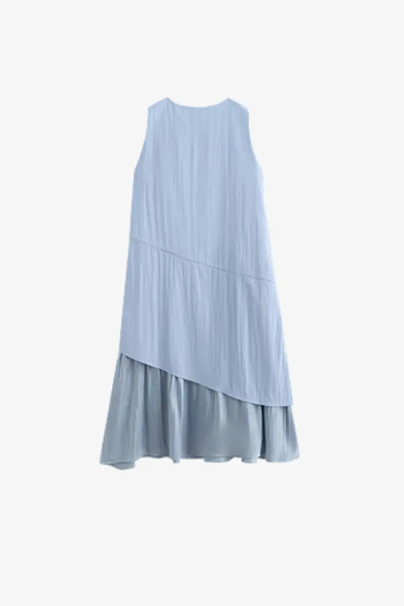 Blue Flowy Asymmetrical Sleeveless Trapeze Midi Dress