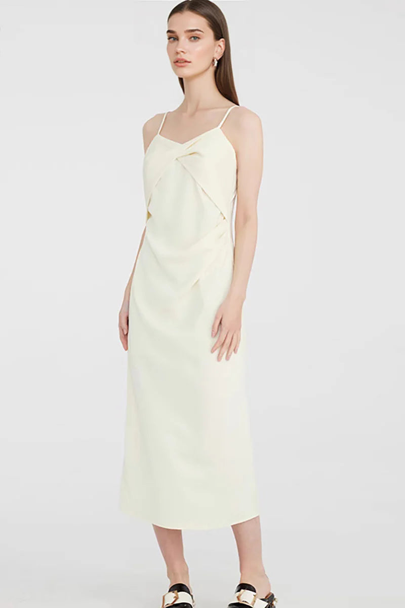 White Spaghetti-Strap Twist-Front Midi Dress