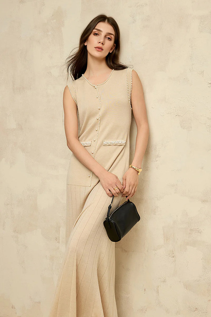 French Sleeveless Handmade Embellished Knit Midi Dress