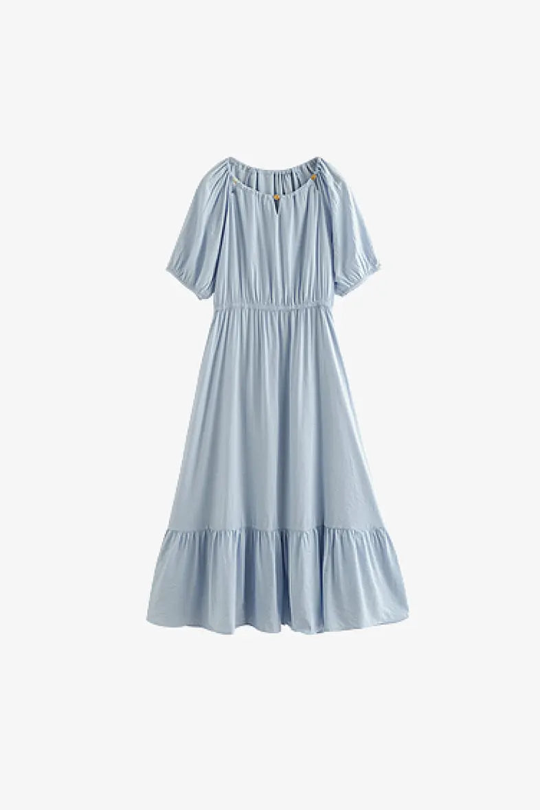 Baby Blue Textured Vacation Midi Dress with Beaded Neckline