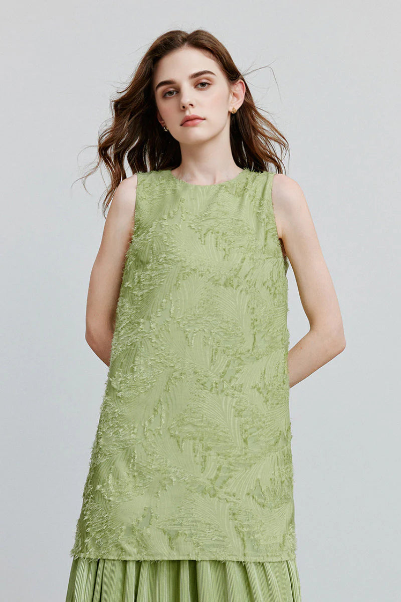 Green Frayed Jacquard Pleated Mixed-Media Midi Dress