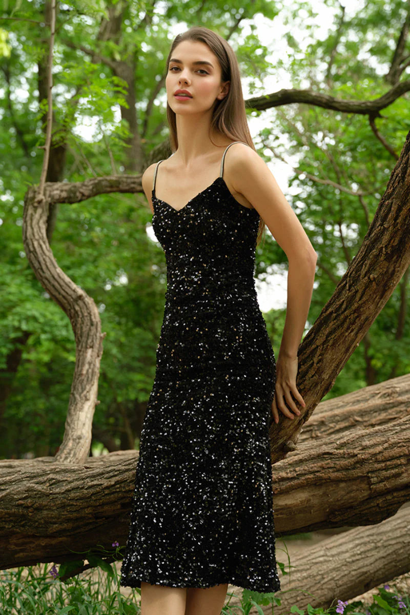 Black Sequin V-Neck Spaghetti-Strap Midi Dress