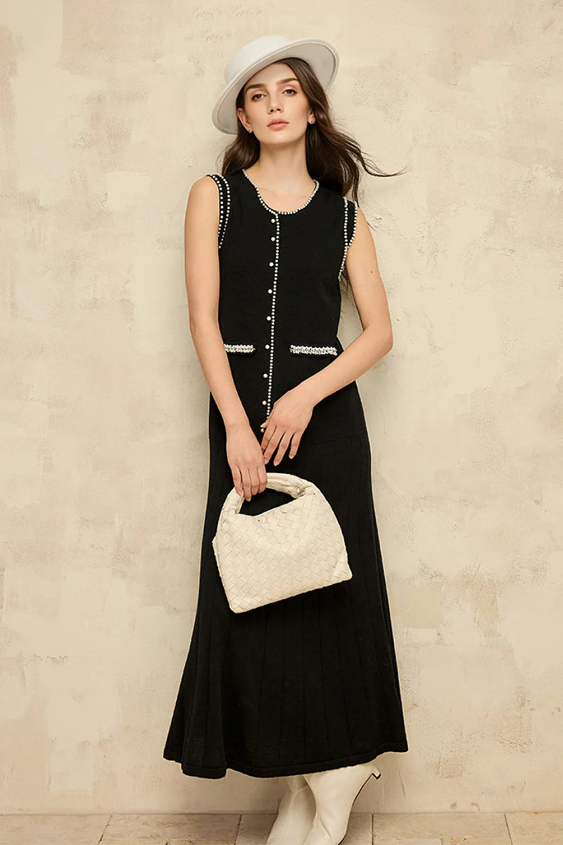 French Sleeveless Handmade Embellished Knit Midi Dress