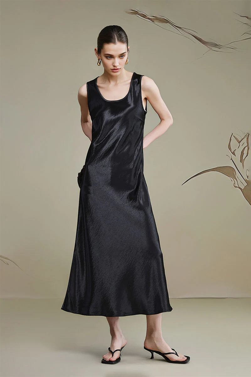 Satin Sleeveless Scoop-Neck Tank Midi Dress
