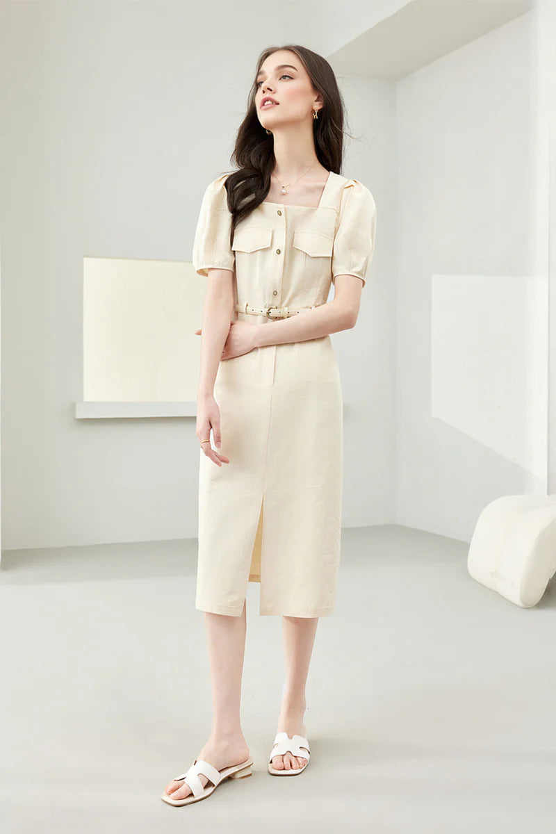Ivory Cargo Square-Neck Belted Midi Dress