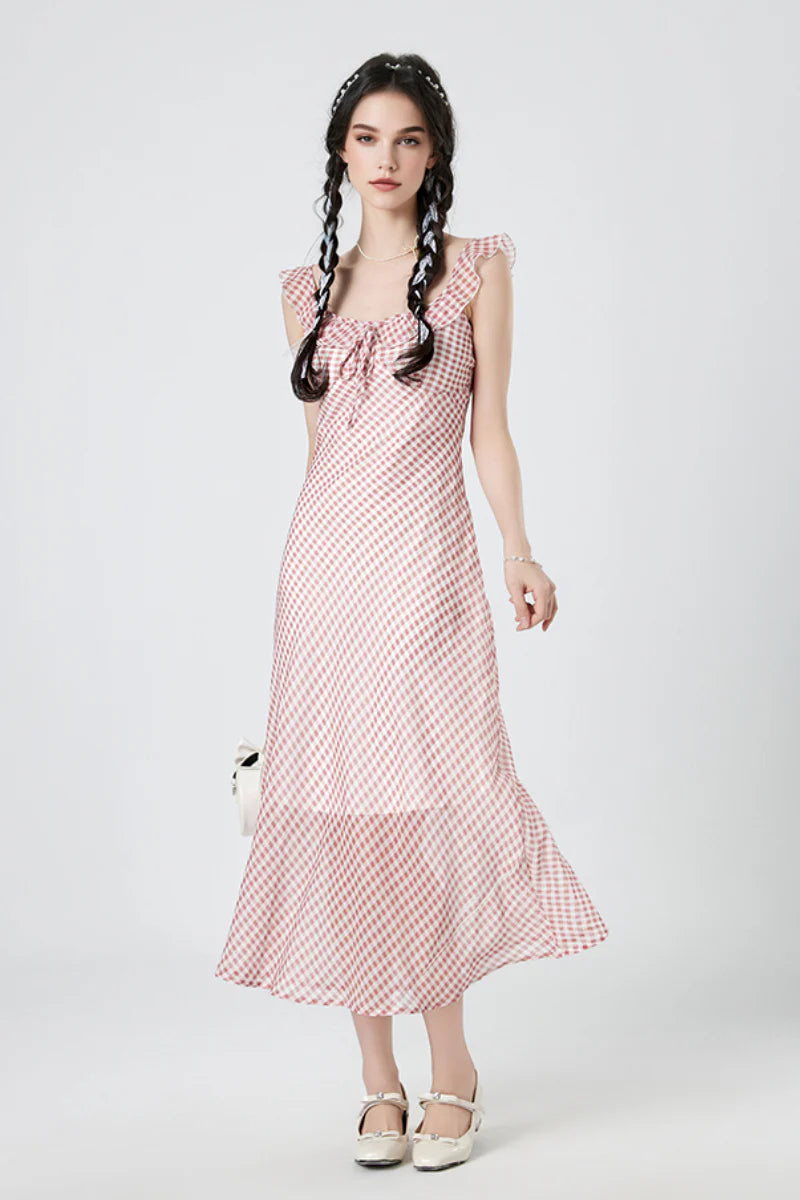 Picnic Gingham Tie-Front Ruffle-Neck Midi Dress