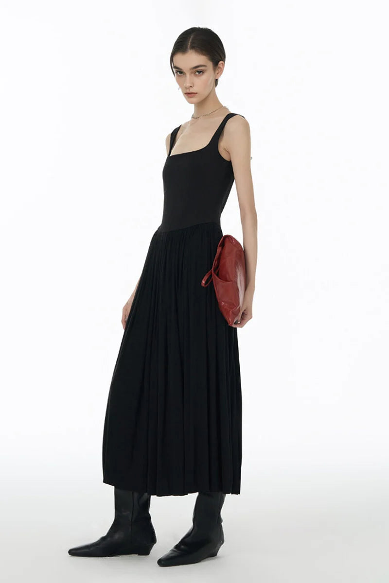 Black Sleeveless Pleated Square-Neck Tank Midi Dress