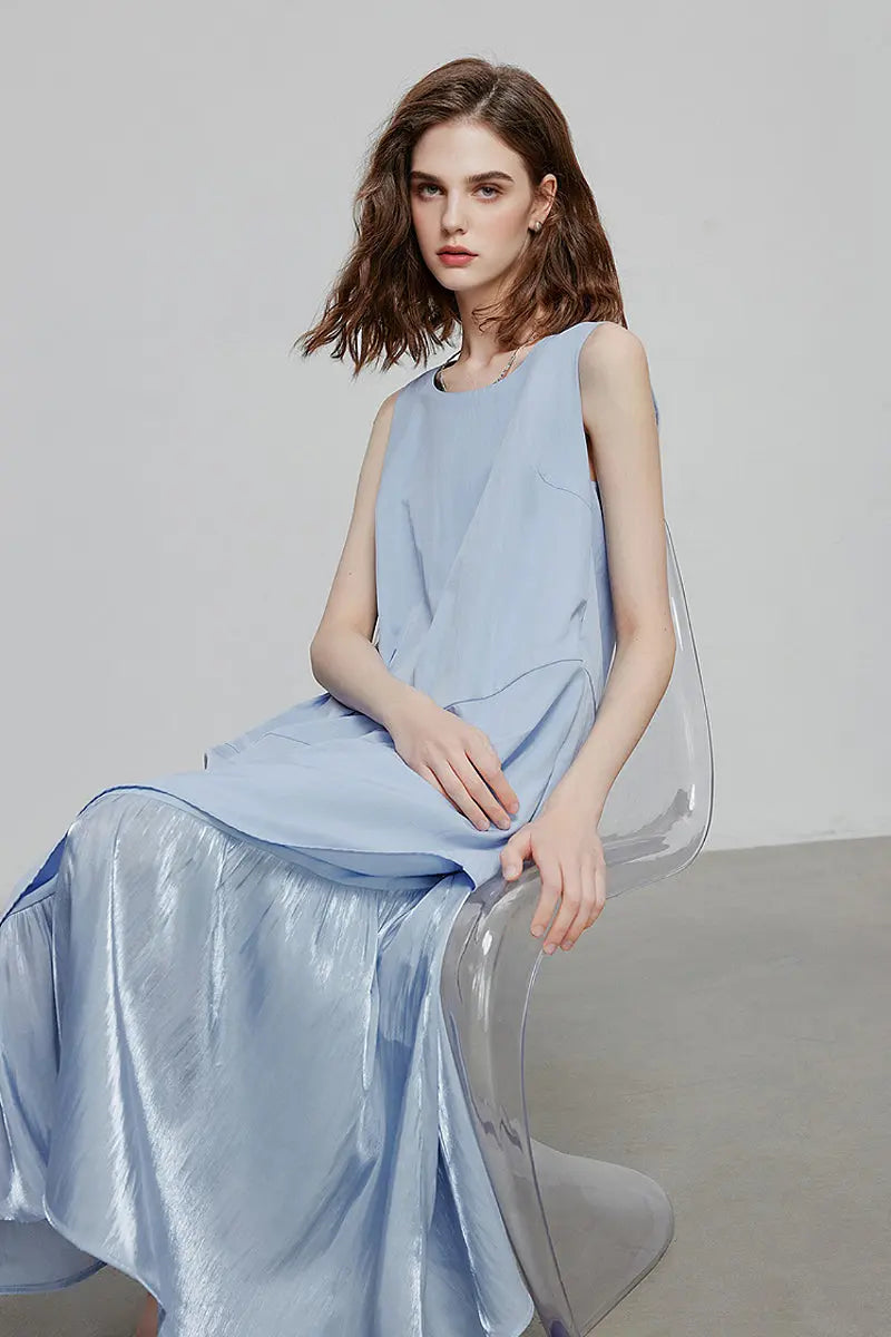Blue Flowy Asymmetrical Sleeveless Trapeze Midi Dress