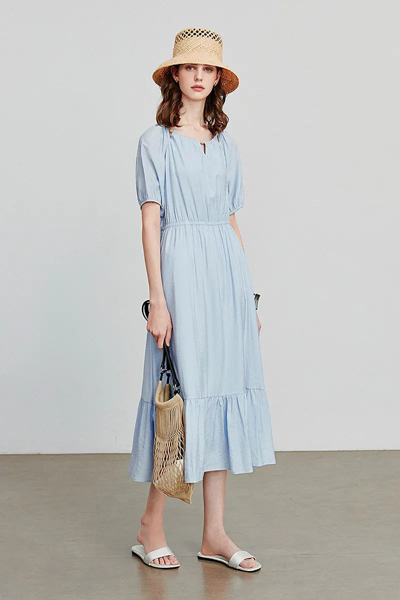 Baby Blue Textured Vacation Midi Dress with Beaded Neckline