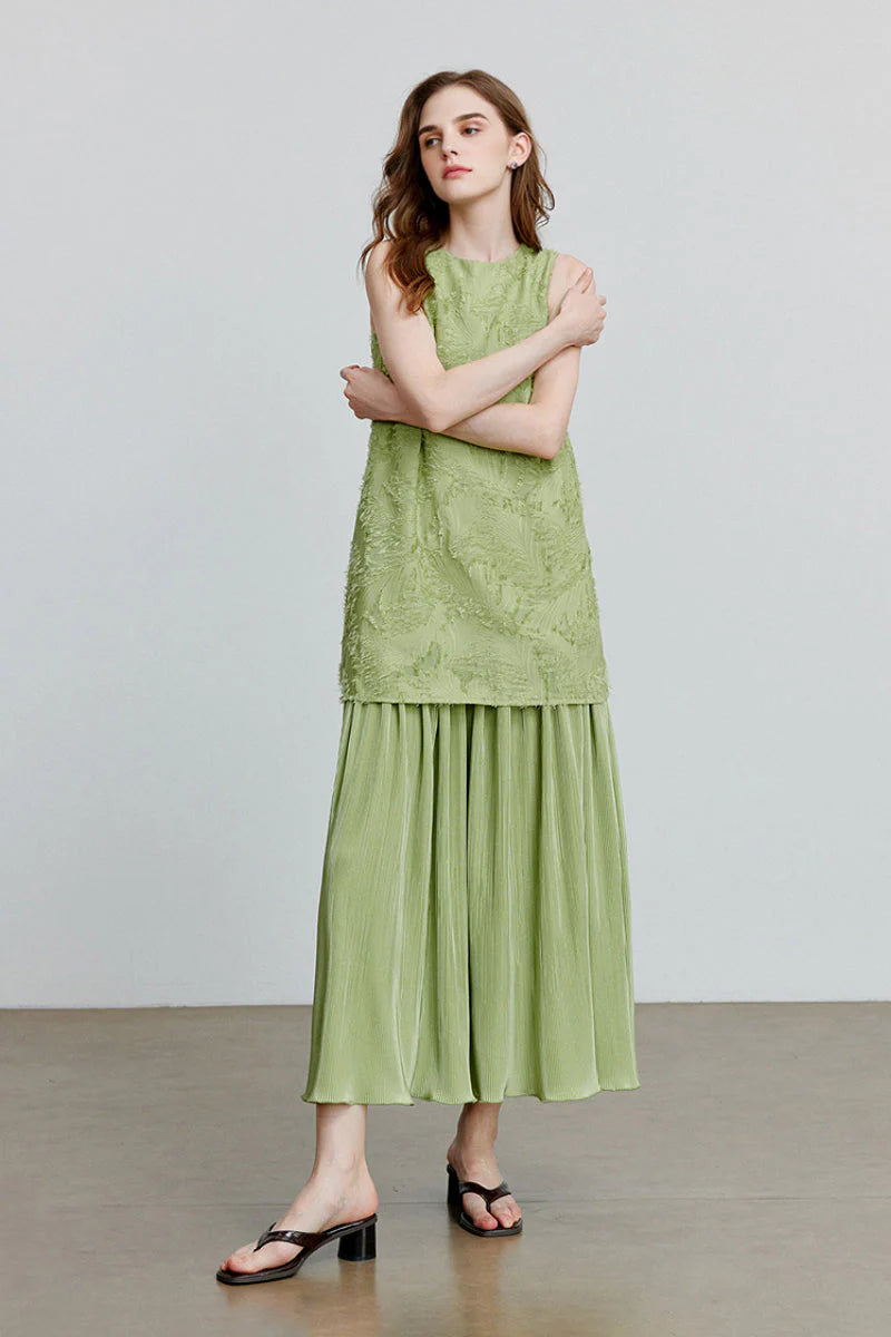 Green Frayed Jacquard Pleated Mixed-Media Midi Dress