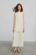 White Pleated Frayed Jacquard Mixed-Media Midi Dress