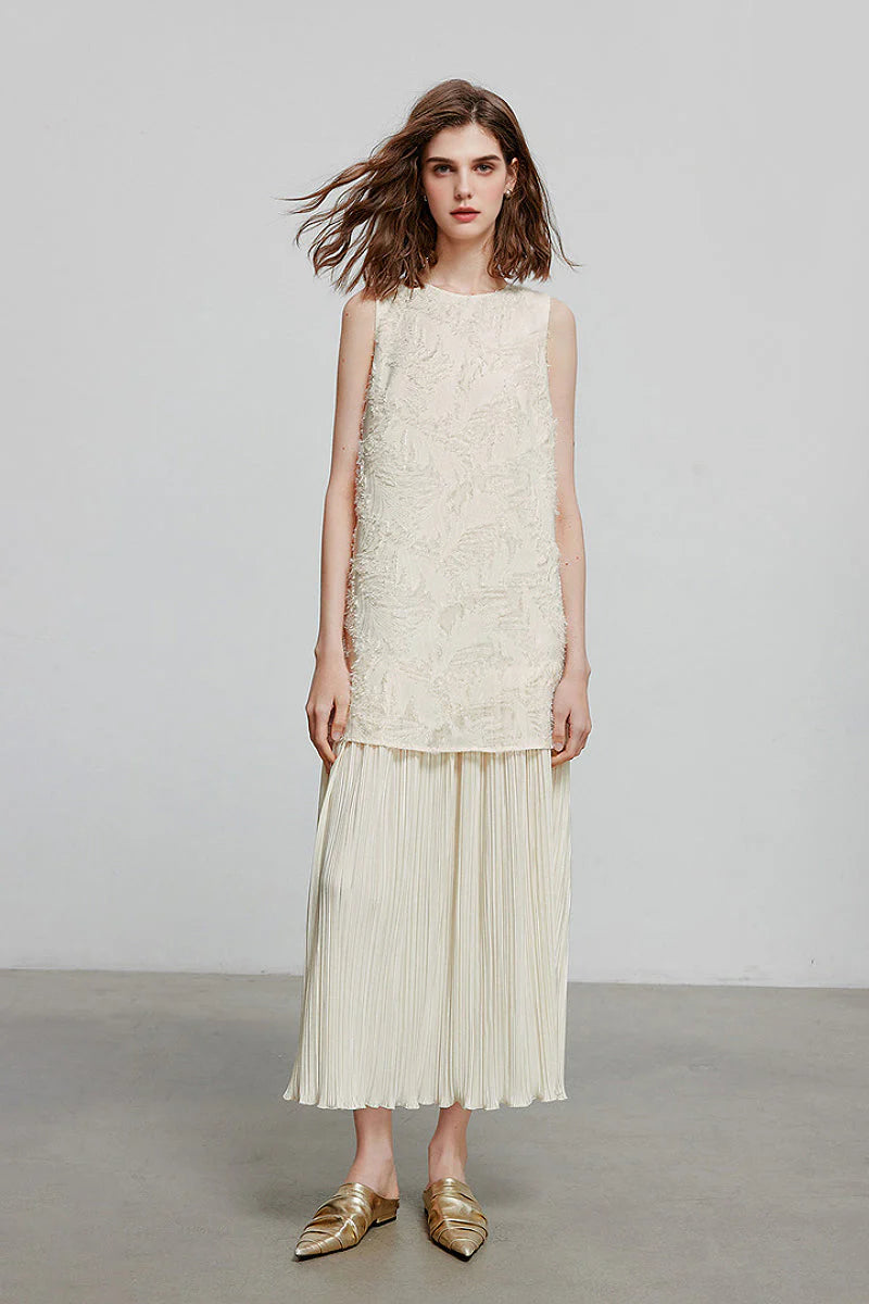White Pleated Frayed Jacquard Mixed-Media Midi Dress