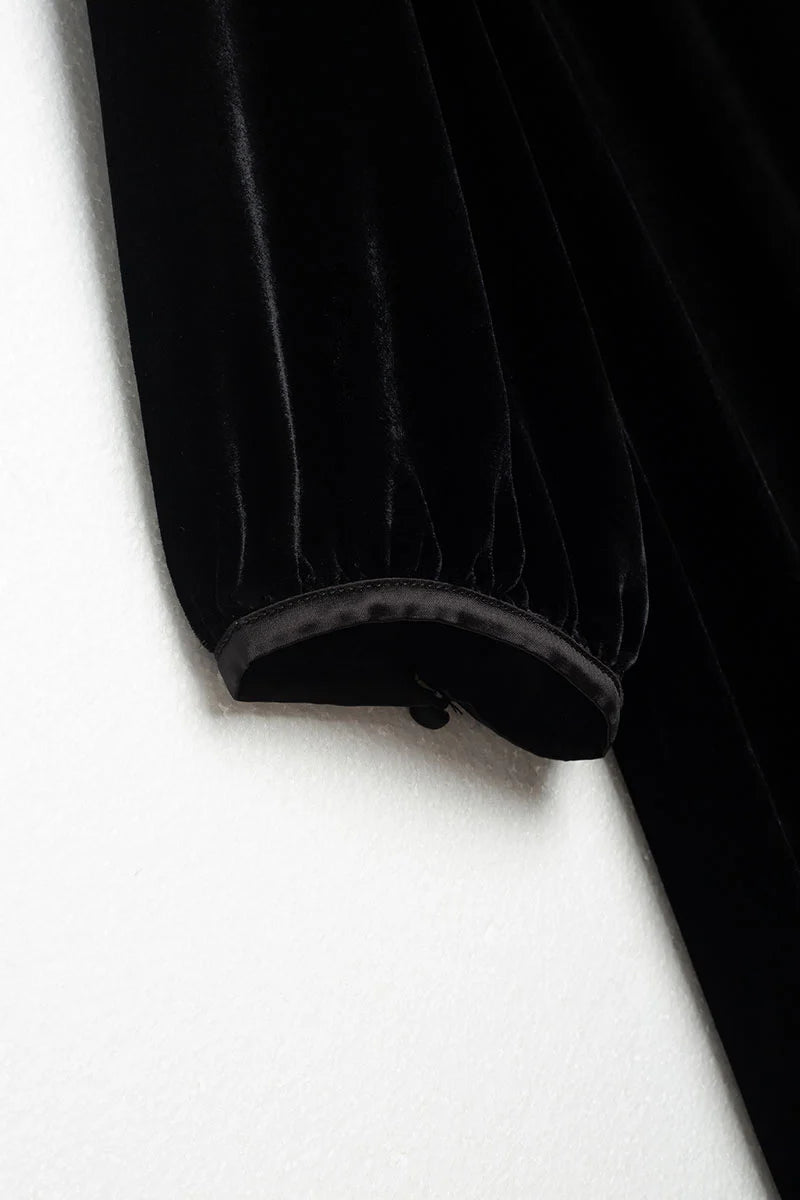Ostrich-Feather Velvet Elbow-Sleeve Midi Dress with Pearl Trim