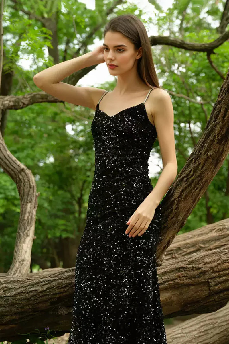 Black Sequin V-Neck Spaghetti-Strap Midi Dress