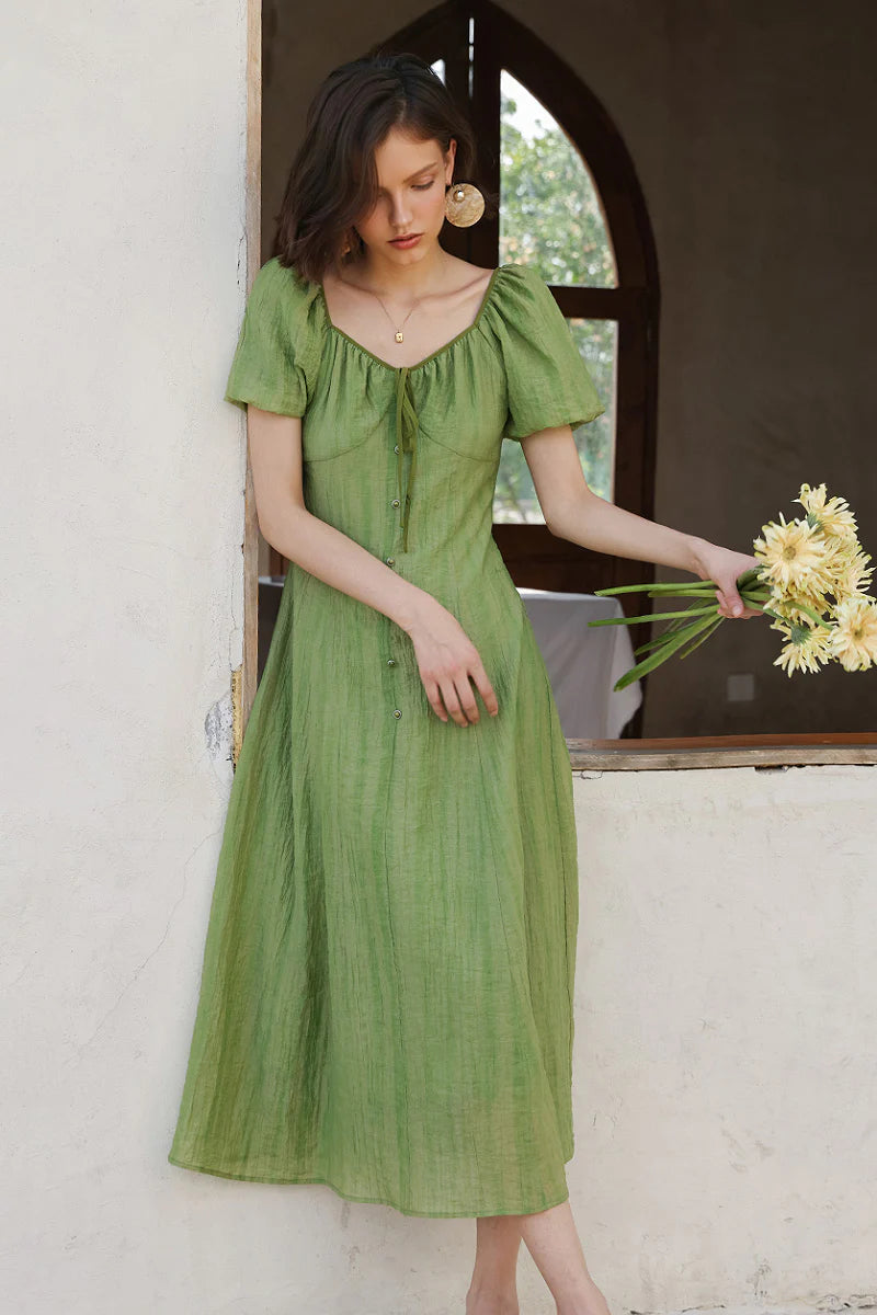 Olive Green Lyocell V-Neck Puff-Sleeve Midi Dress