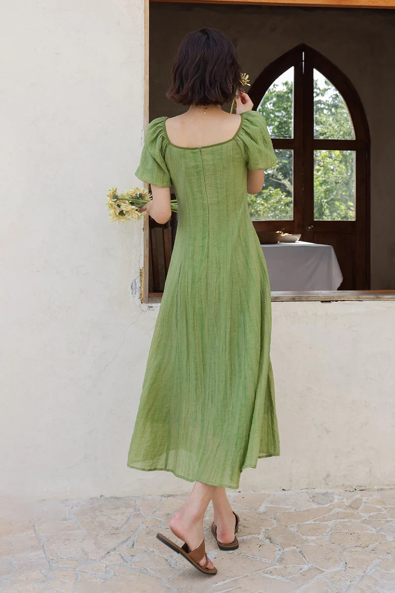 Olive Green Lyocell V-Neck Puff-Sleeve Midi Dress