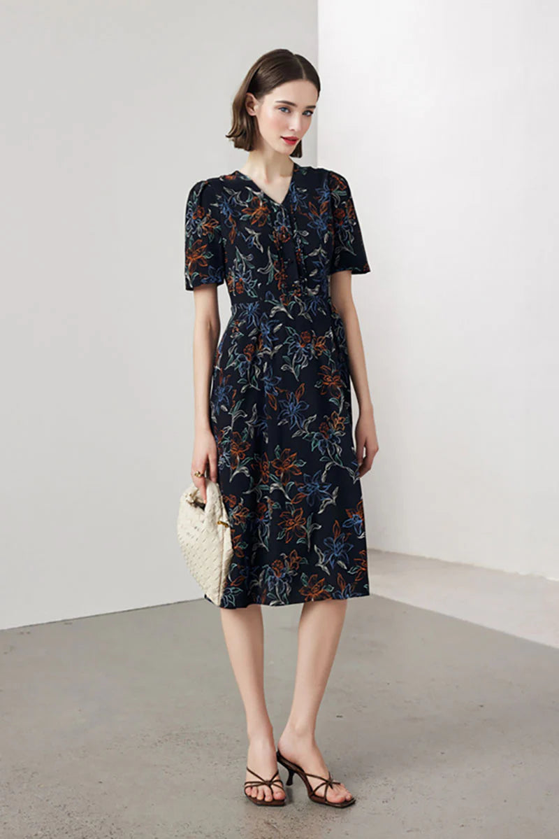 100 Mulberry Silk Floral A-Line Short-Sleeve V-Neck Midi Dress