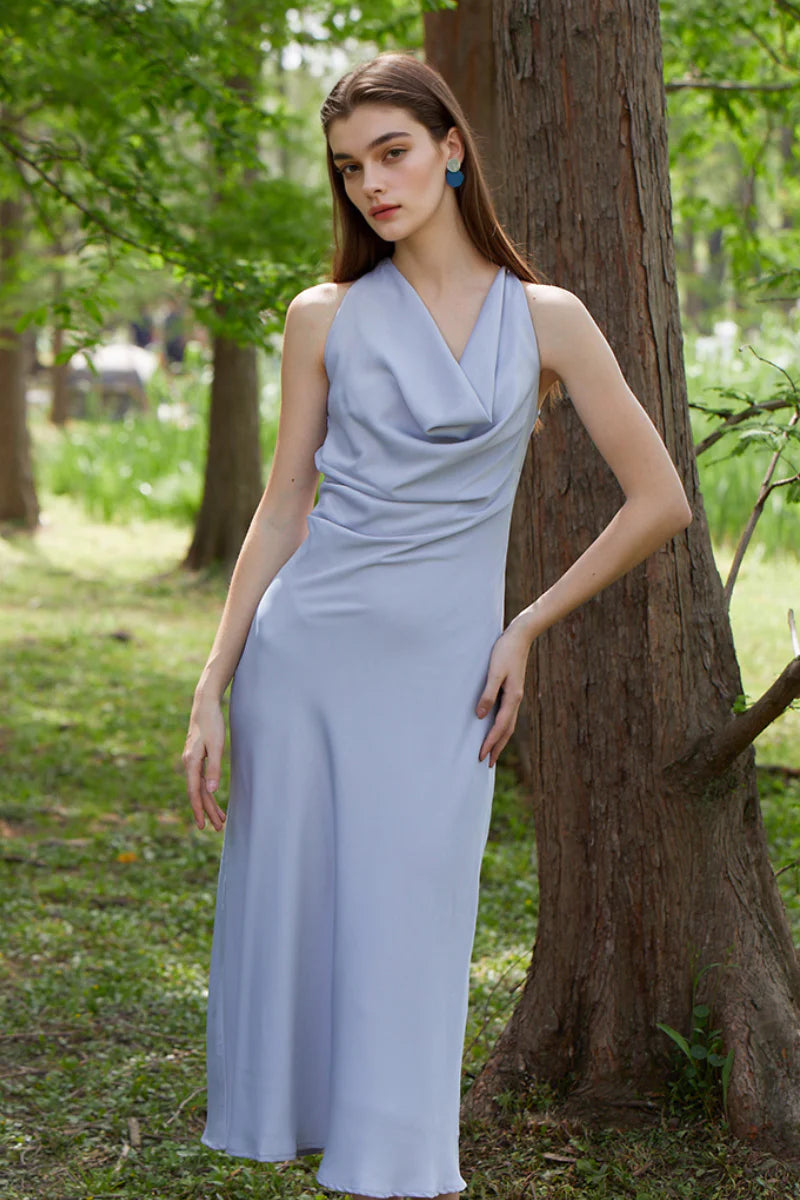 Dusty Blue Cowl-Neck Sleeveless Midi Dress