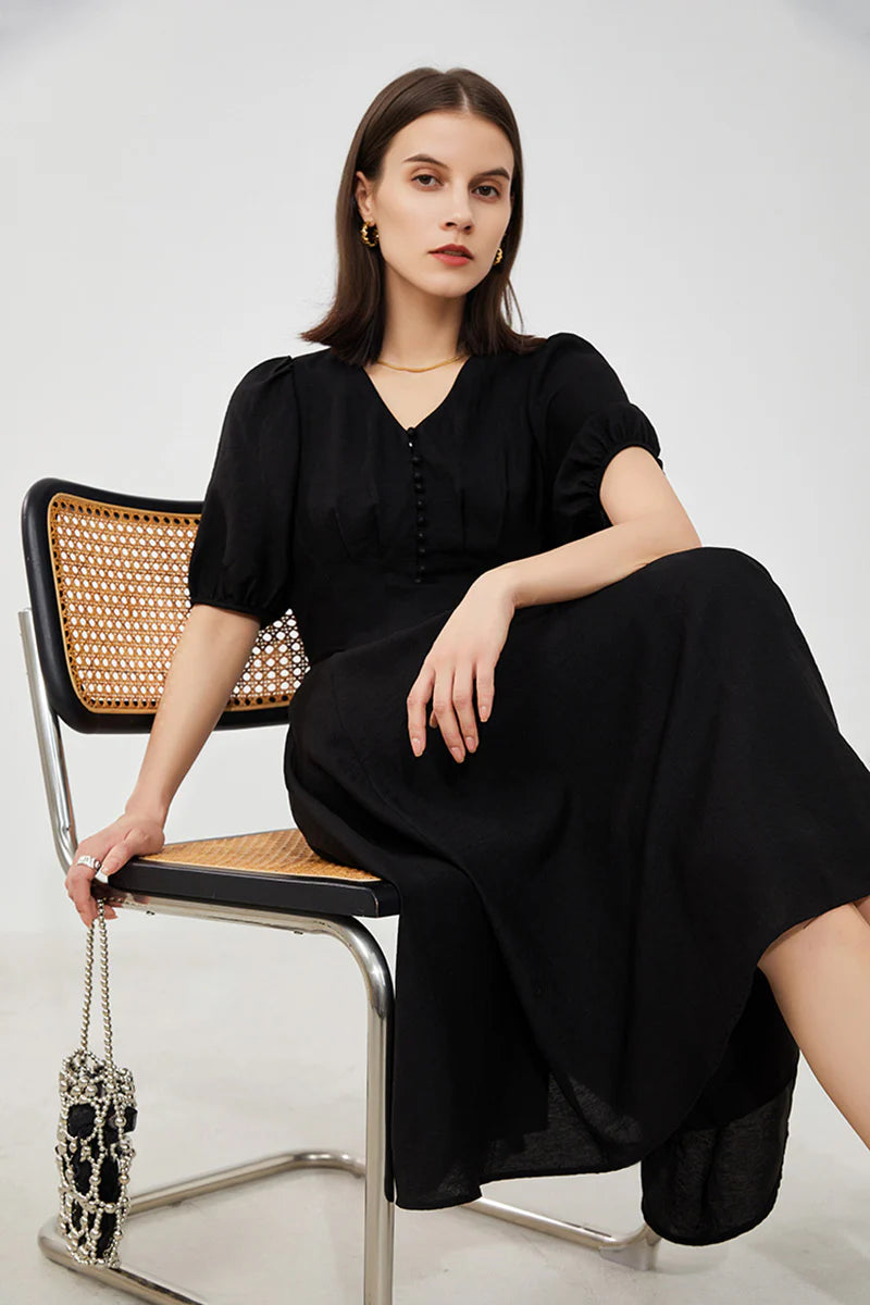 Black V-Neck A-Line Midi Dress