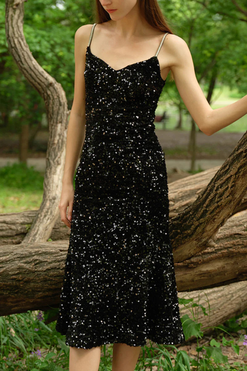 Black Sequin V-Neck Spaghetti-Strap Midi Dress