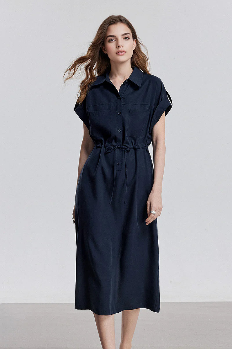 Blue Cap-Sleeve Shirt Midi Dress WIth Belt