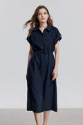 Blue Cap-Sleeve Shirt Midi Dress WIth Belt