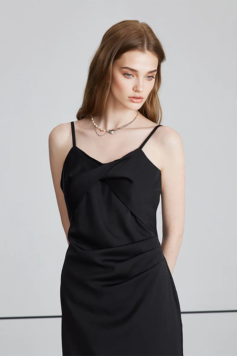 Black Spaghetti-Strap Twist-Front Midi Dress