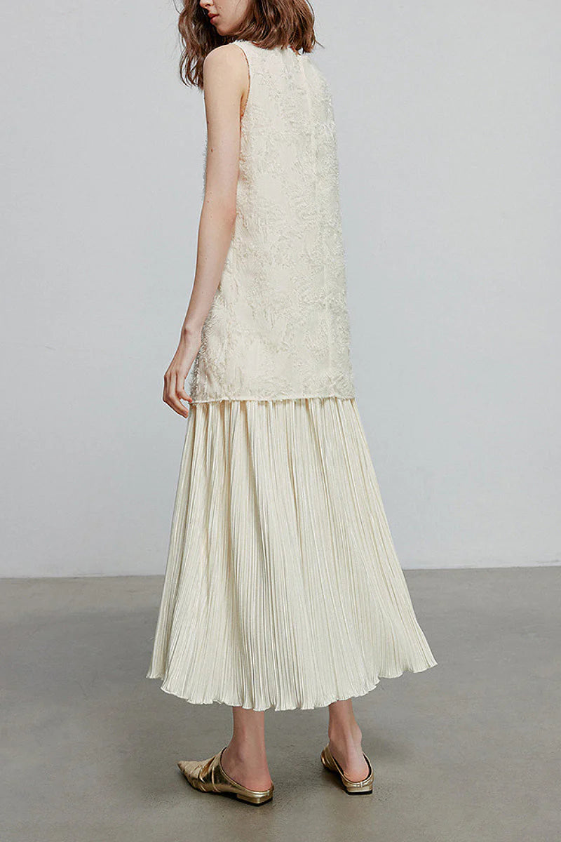 White Pleated Frayed Jacquard Mixed-Media Midi Dress