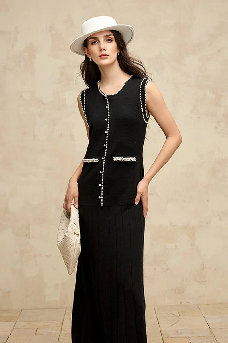 French Sleeveless Handmade Embellished Knit Midi Dress