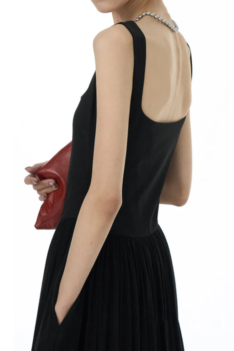 Black Sleeveless Pleated Square-Neck Tank Midi Dress