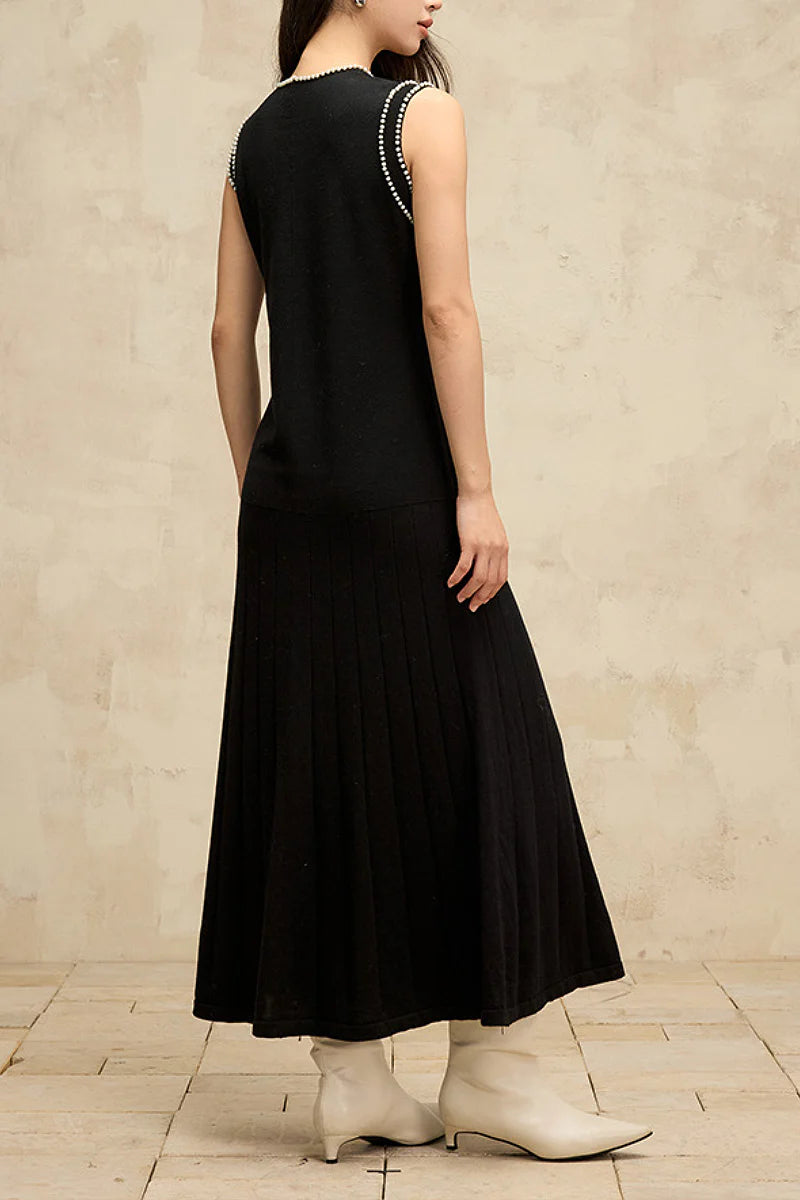 French Sleeveless Handmade Embellished Knit Midi Dress