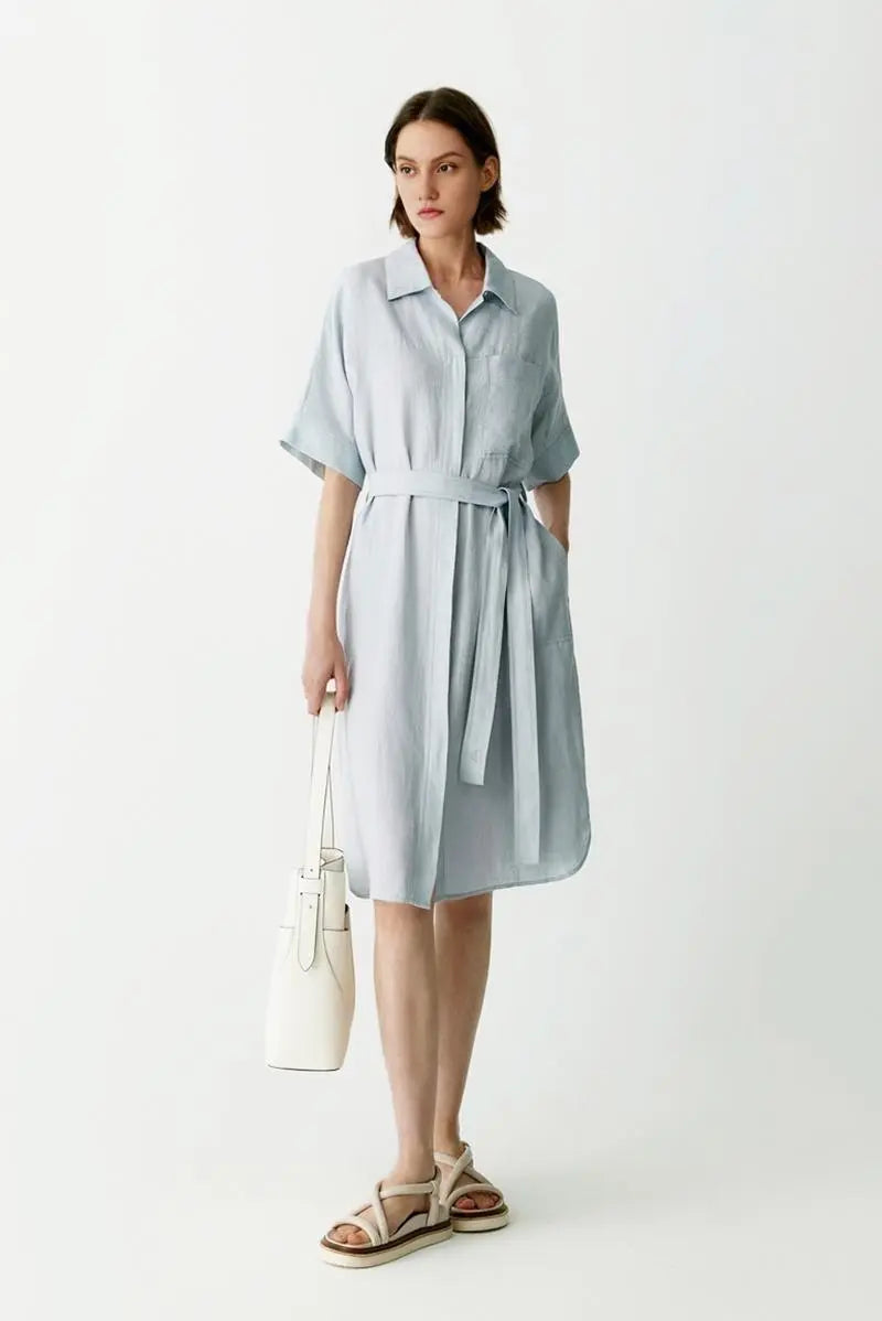 100% Linen Midi Shirt Dress With Belt