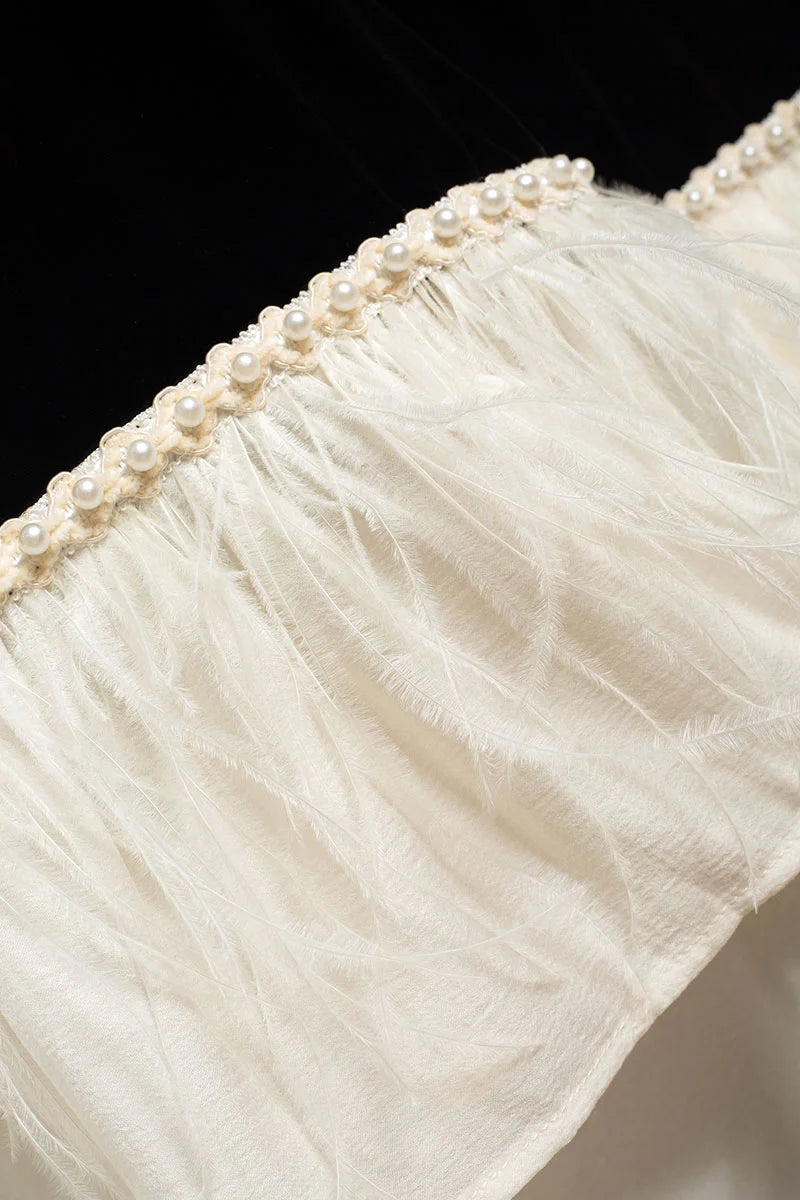 Ostrich-Feather Velvet Elbow-Sleeve Midi Dress with Pearl Trim