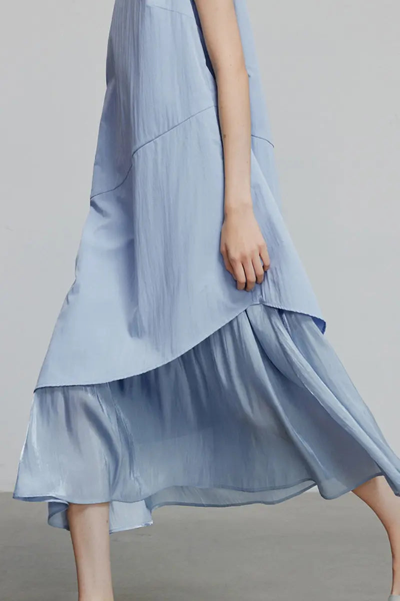 Blue Flowy Asymmetrical Sleeveless Trapeze Midi Dress