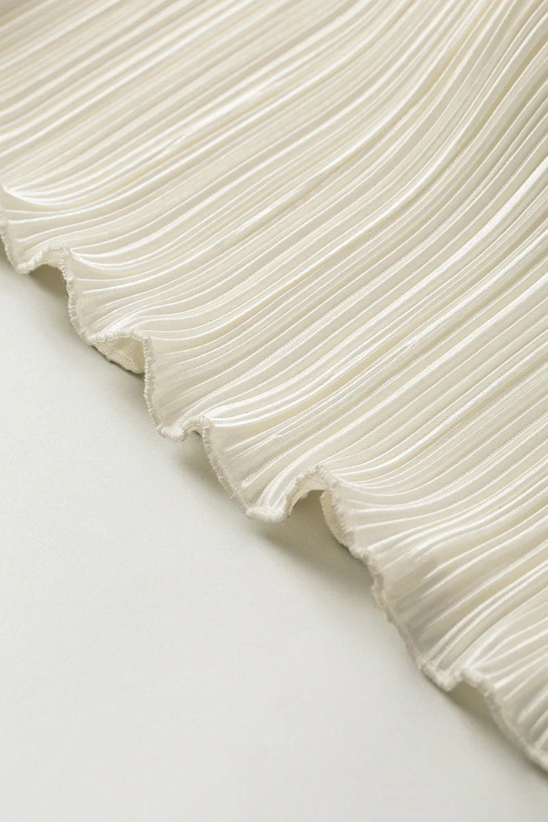 White Pleated Frayed Jacquard Mixed-Media Midi Dress