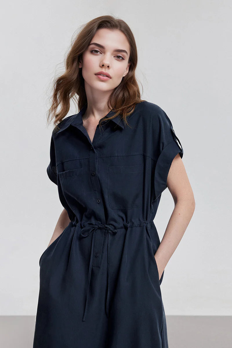 Blue Cap-Sleeve Shirt Midi Dress WIth Belt