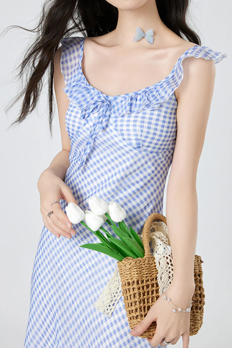 Picnic Gingham Tie-Front Ruffle-Neck Midi Dress