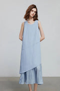 Blue Flowy Asymmetrical Sleeveless Trapeze Midi Dress