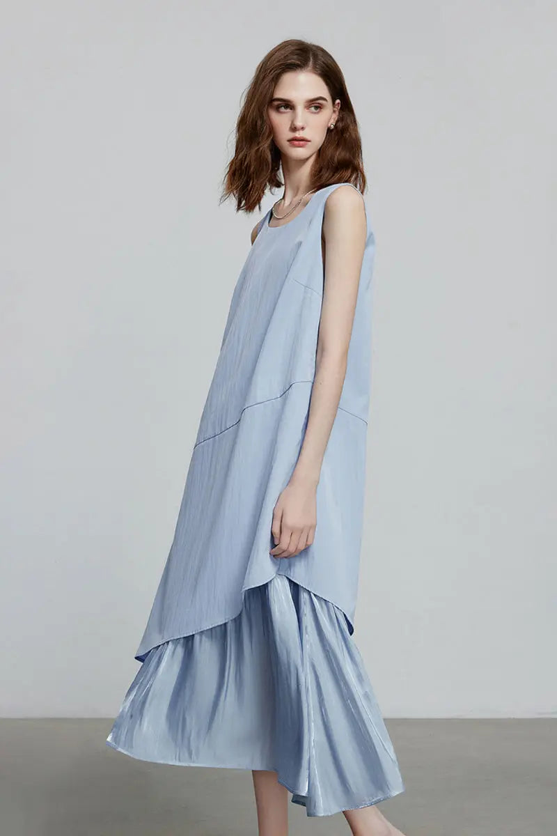 Blue Flowy Asymmetrical Sleeveless Trapeze Midi Dress