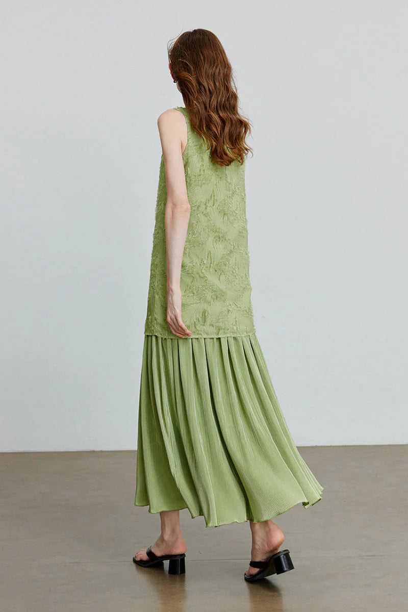 Green Frayed Jacquard Pleated Mixed-Media Midi Dress
