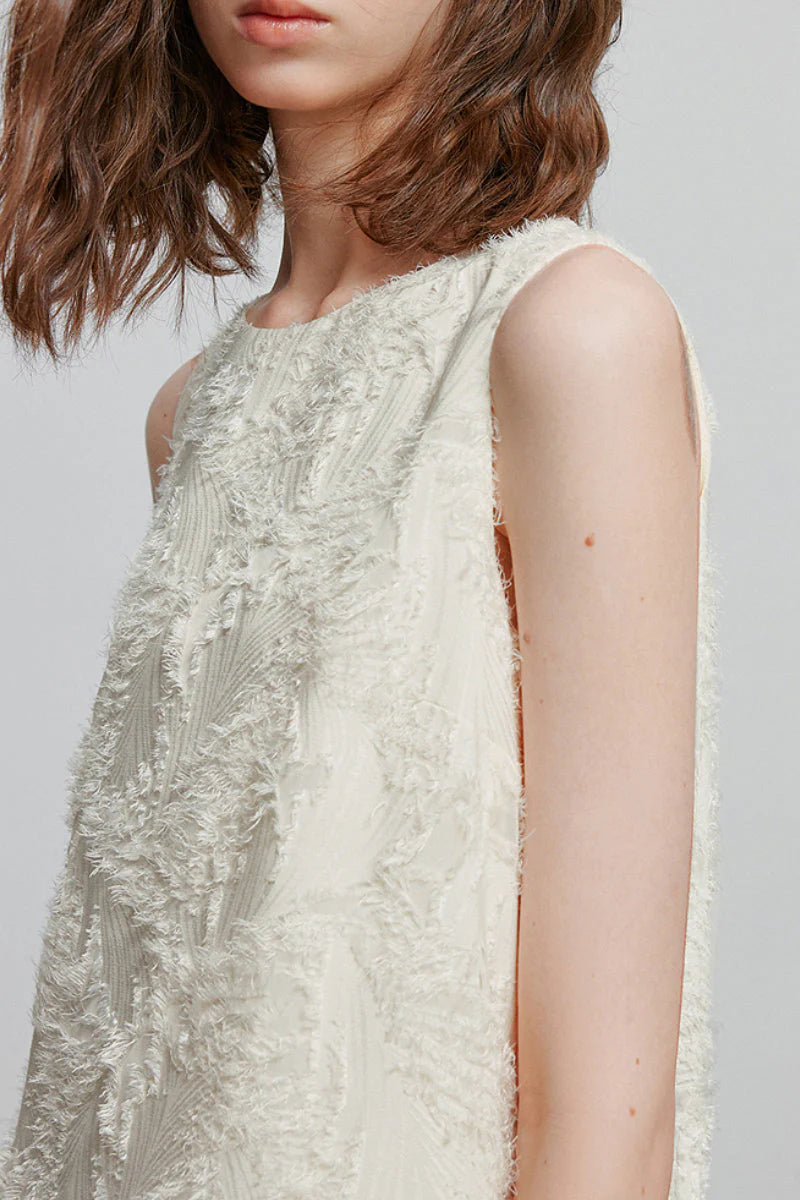 White Pleated Frayed Jacquard Mixed-Media Midi Dress