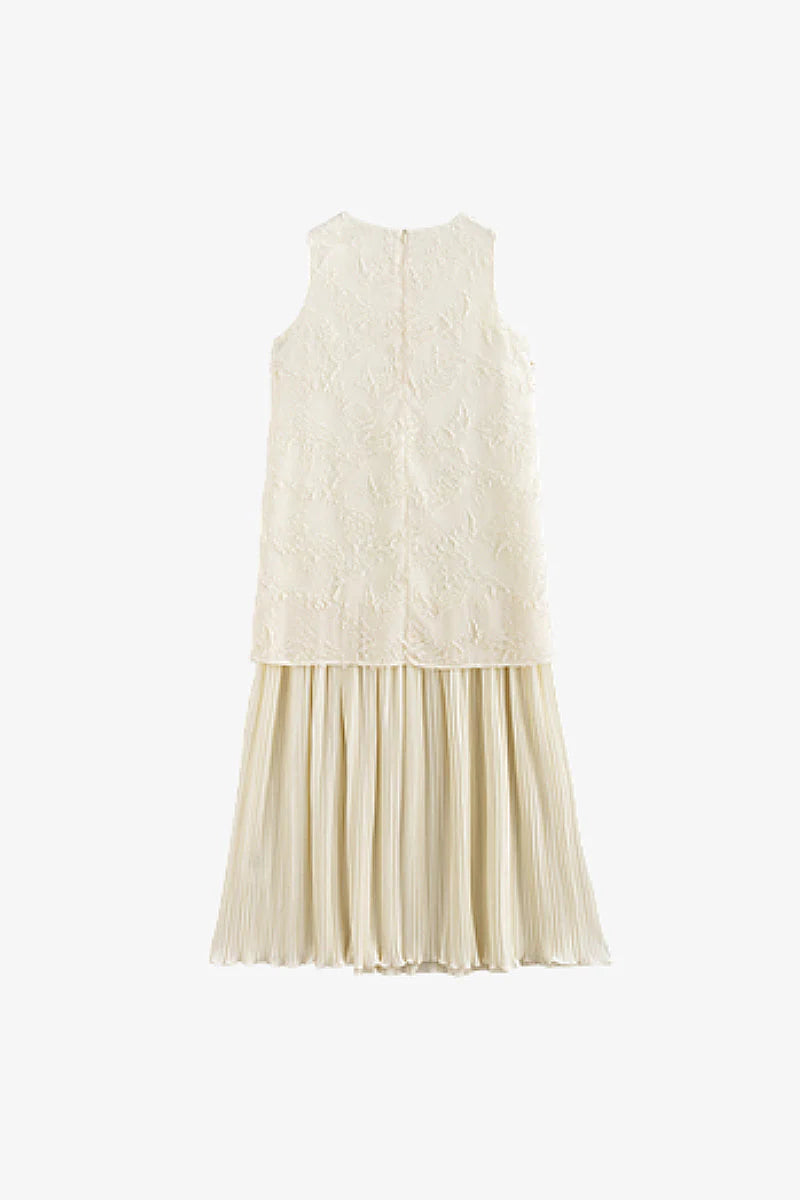 White Pleated Frayed Jacquard Mixed-Media Midi Dress