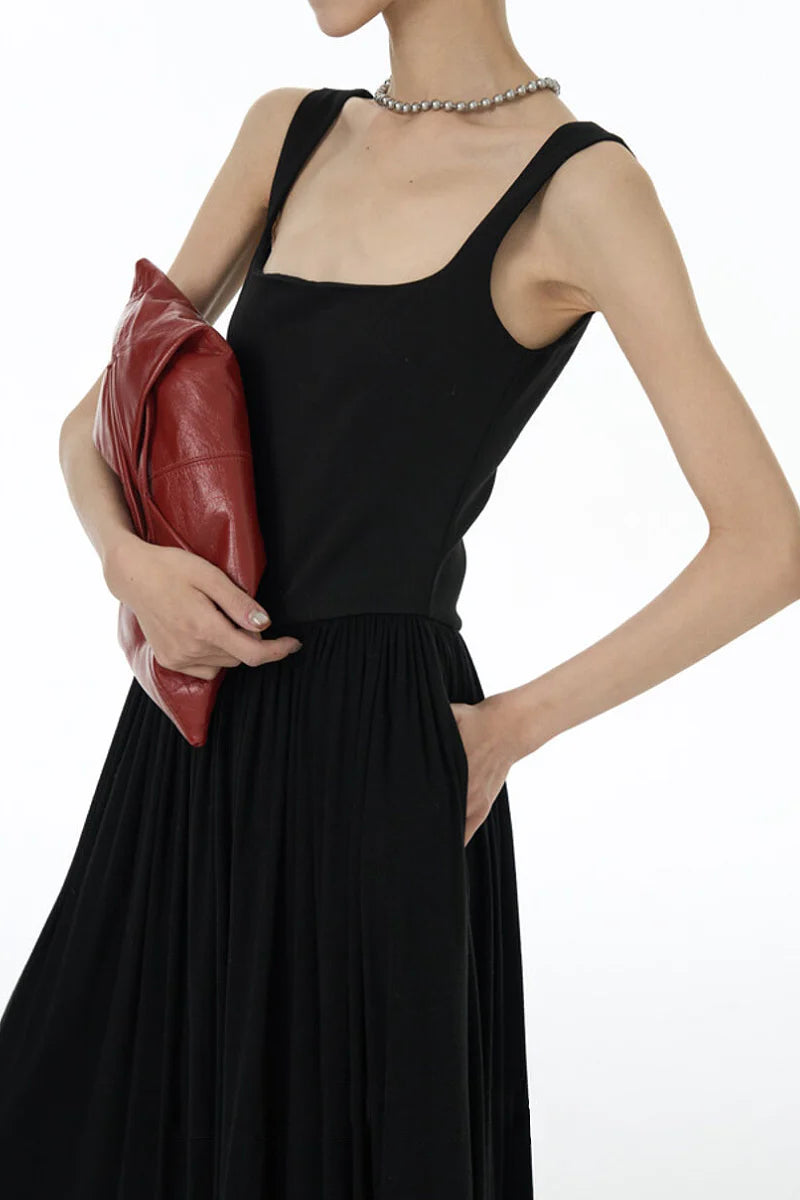 Black Sleeveless Pleated Square-Neck Tank Midi Dress