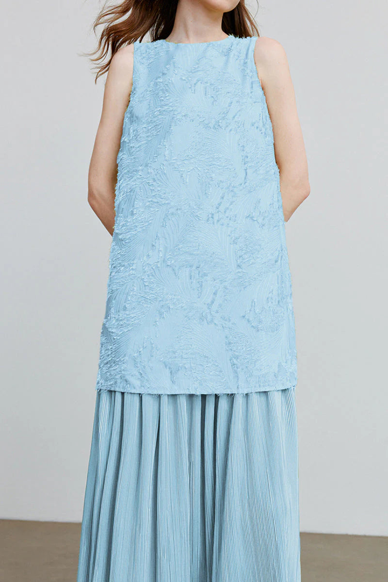 Blue Frayed Jacquard Pleated Mixed-Media Midi Dress