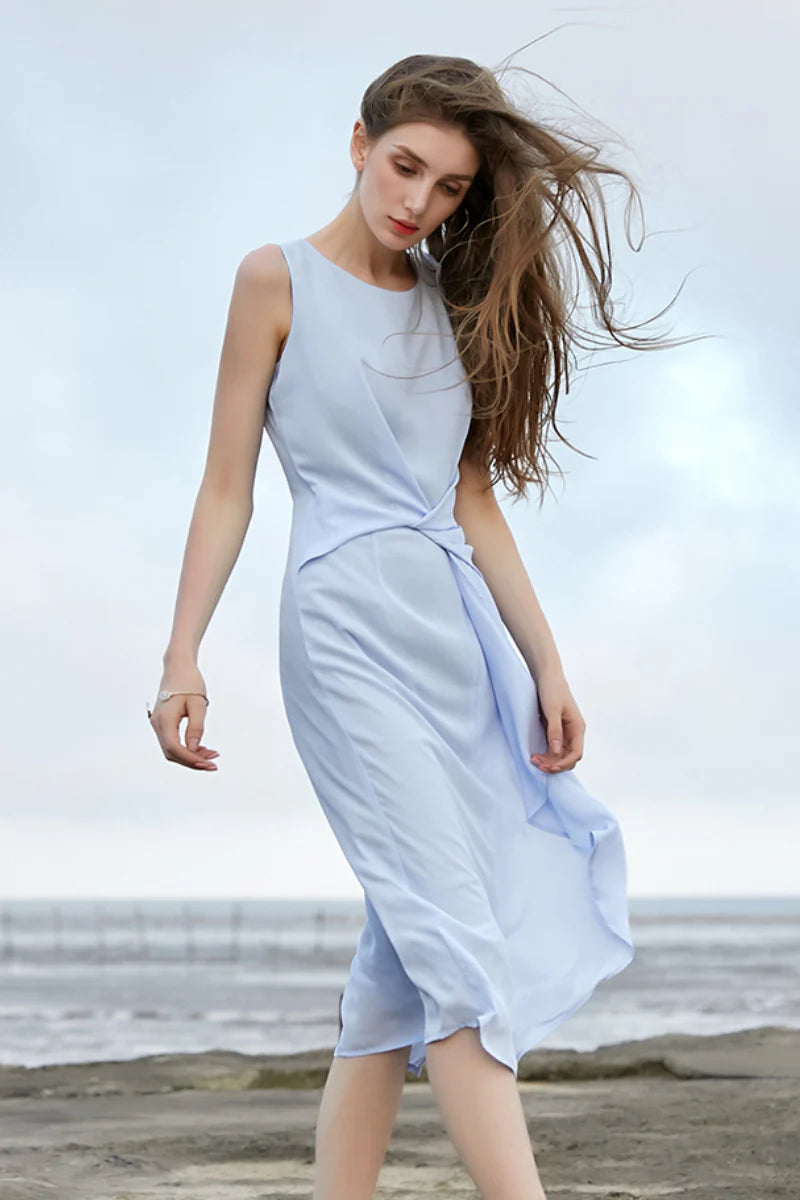 Light Blue Sleeveless Draped Midi Dress