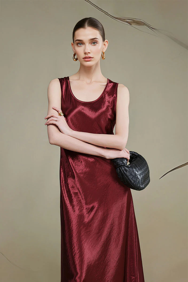 Satin Sleeveless Scoop-Neck Tank Midi Dress