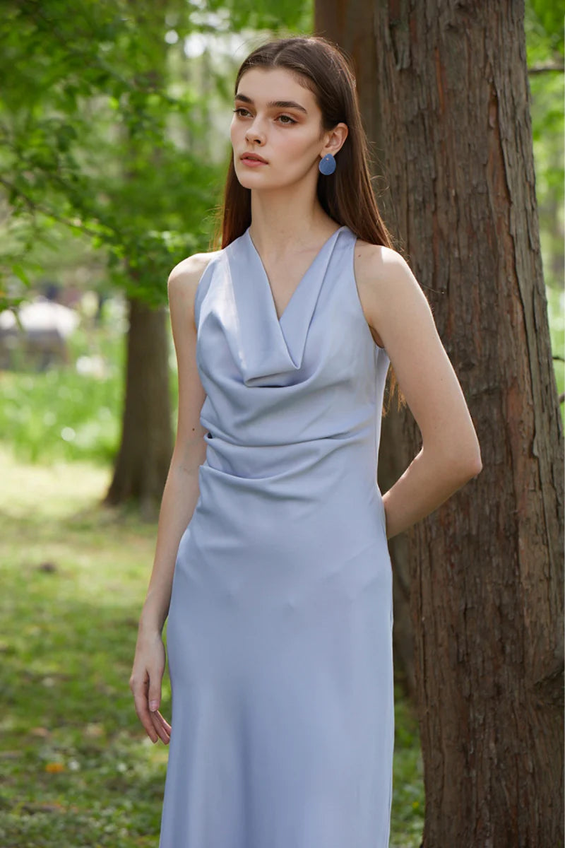 Dusty Blue Cowl-Neck Sleeveless Midi Dress